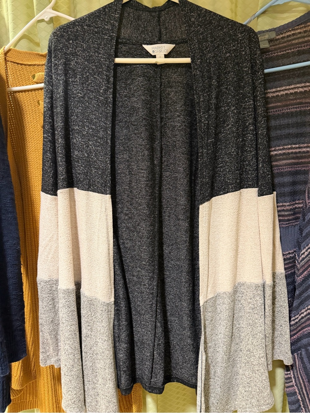 Market & Spruce Navy, Cream & Light Gray Colorblock Open Cardigan